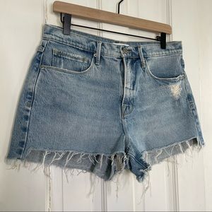 Good American high waisted light blue cut off denim shorts